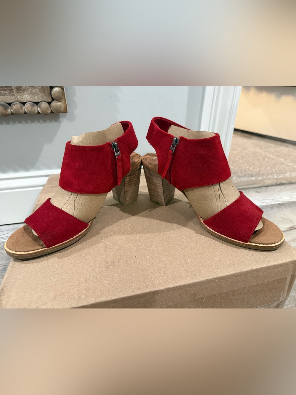 TOMS Majorca Cutout Red Suede Open-Toe Block Heel Sandals